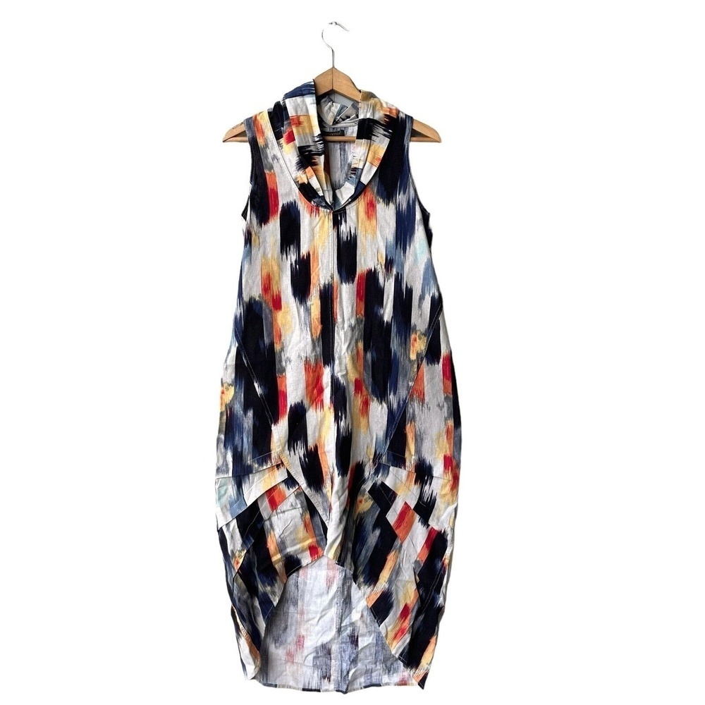 For Cynthia Linen Blend Hi-Low Dress Paint Stroke Multicolor Sleeveless Size S